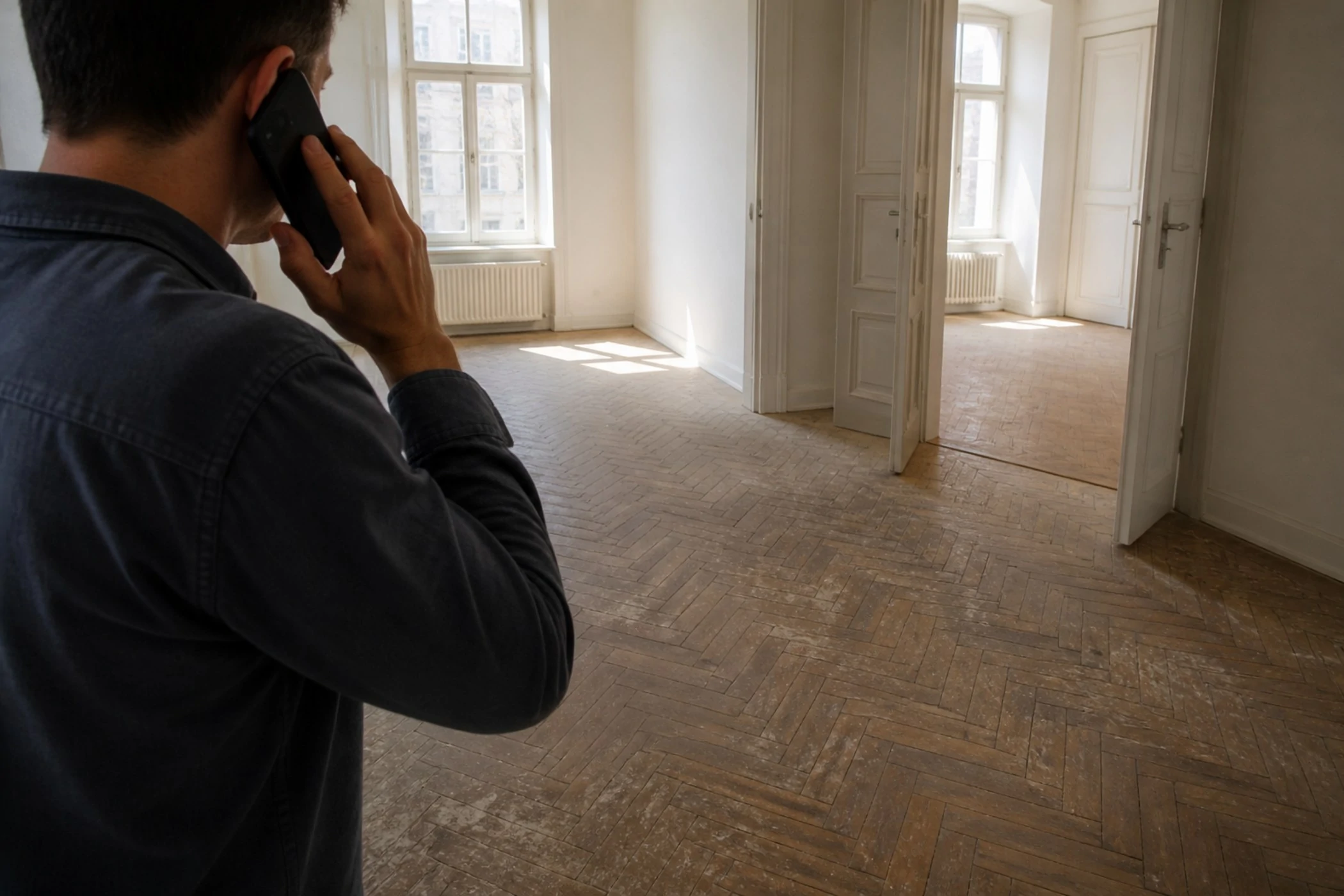Klient dzwoni do firmy, patrząc na zniszczony parkiet w jodełkę w pustym mieszkaniu