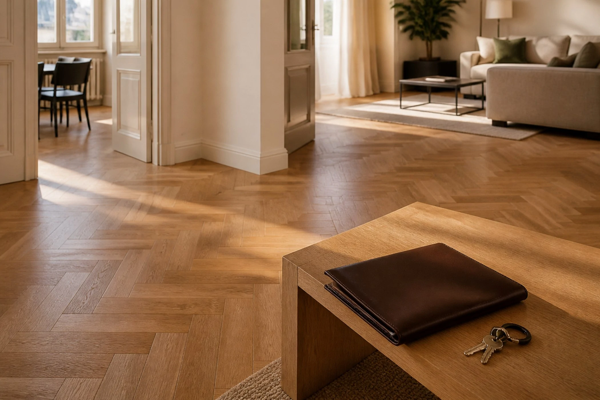Gotowa dębowa jodełka w salonie, na ławie teczka i klucze