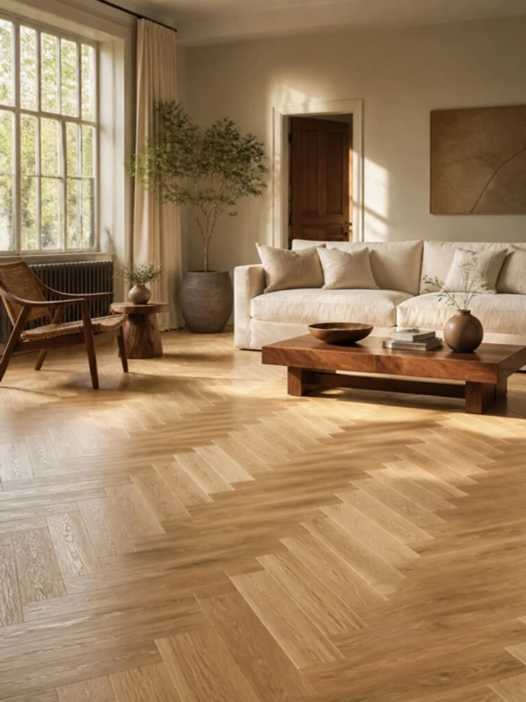 Salon z jasną dębową podłogą ułożoną w jodełkę
